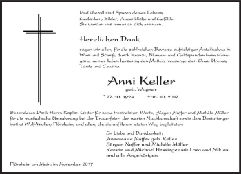 Traueranzeige von Anni  Keller von Trauerportal Rhein Main Presse