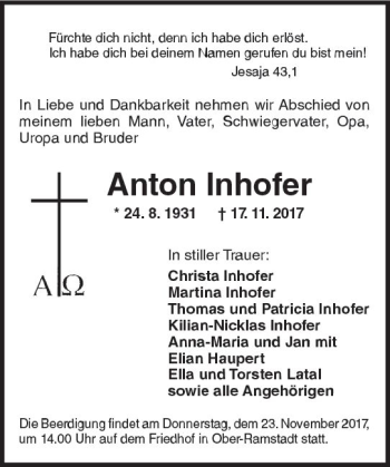 Traueranzeige von Anton Inhofer von Trauerportal Echo Online