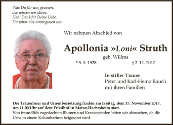 Traueranzeige von Apollonia Struth von Trauerportal Rhein Main Presse