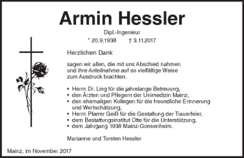 Traueranzeige von Armin Hessler von Trauerportal Rhein Main Presse