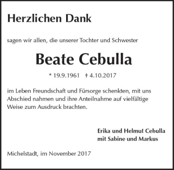 Traueranzeige von Beate Cebulla von Trauerportal Echo Online