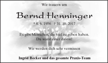 Traueranzeige von Bernd Henninger von Trauerportal Rhein Main Presse