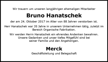 Traueranzeige von Bruno Hanatschek von Trauerportal Echo Online