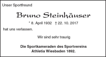 Traueranzeige von Bruno Steinhäuser von Trauerportal Rhein Main Presse