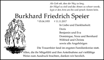 Traueranzeige von Burkhard Friedrich Speier von Trauerportal Echo Online