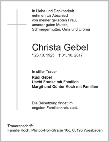 Traueranzeige von Christa Gebel von Trauerportal Rhein Main Presse
