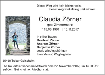 Traueranzeige von Claudia Zörner von Trauerportal Echo Online