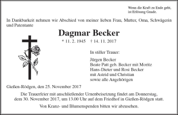 Traueranzeige von Dagmar Becker von  Gießener Anzeiger