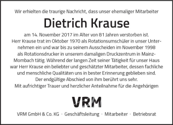 Traueranzeige von Dietrich Krause von Trauerportal Rhein Main Presse