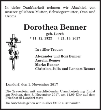 Traueranzeige von Dorothea Benner von  Gießener Anzeiger