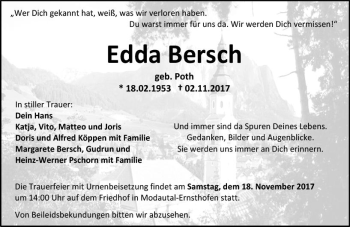 Traueranzeige von Edda Bersch von Trauerportal Echo Online