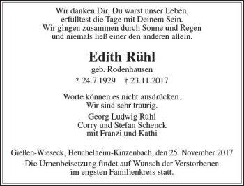 Traueranzeige von Edith Rühl von  Gießener Anzeiger
