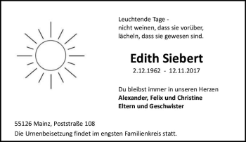 Traueranzeige von Edith Siebert von Trauerportal Rhein Main Presse