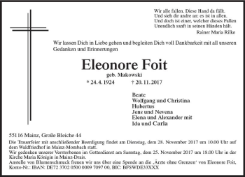 Traueranzeige von Eleonore Foit von Trauerportal Rhein Main Presse