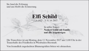 Traueranzeige von Elfi Schild von Trauerportal Rhein Main Presse