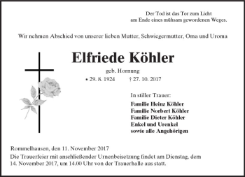 Traueranzeige von Elfriede Köhler von  Kreisanzeiger
