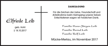 Traueranzeige von Elfriede Leib von  Gießener Anzeiger