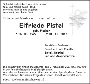 Traueranzeige von Elfriede Pistel von Trauerportal Rhein Main Presse