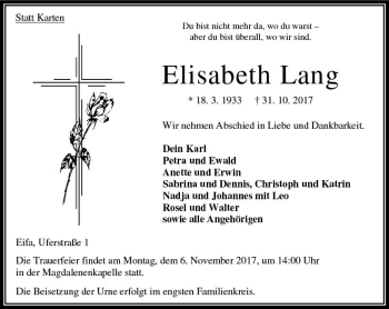 Traueranzeige von Elisabeth Lang von VRM Trauer