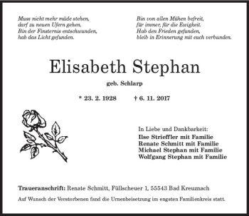 Traueranzeige von Elisabeth Stephan von Trauerportal Rhein Main Presse