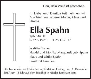 Traueranzeige von Ella Spahn von Trauerportal Echo Online