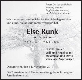 Traueranzeige von Else Runk von  Kreisanzeiger