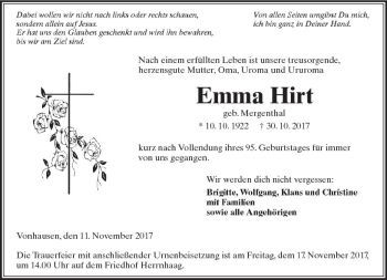 Traueranzeige von Emma Hirt von  Kreisanzeiger