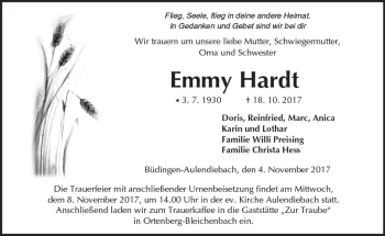 Traueranzeige von Emmy Hardt von  Kreisanzeiger
