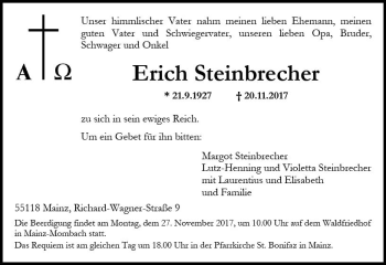 Traueranzeige von Erich Steinbrecher von Trauerportal Rhein Main Presse