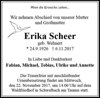 Traueranzeige von Erika Scheer von Trauerportal Rhein Main Presse