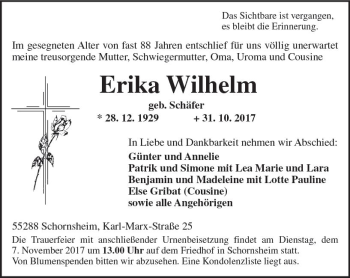 Traueranzeige von Erika Wilhelm von Trauerportal Rhein Main Presse