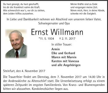 Traueranzeige von Ernst Willmann von VRM Trauer