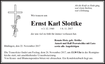 Traueranzeige von Ernst Karl Slottke von  Kreisanzeiger