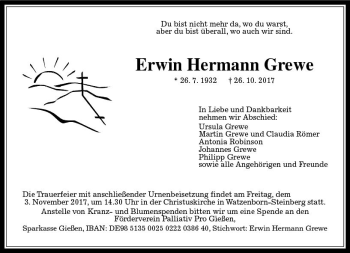 Traueranzeige von Erwin Hermann Grewe von  Gießener Anzeiger