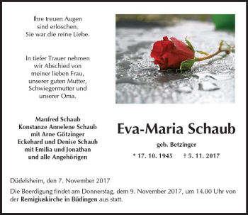 Traueranzeige von Eva-Maria Schaub von  Kreisanzeiger