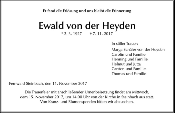 Traueranzeige von Ewald von der Heyden von  Gießener Anzeiger