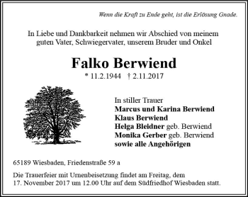 Traueranzeige von Falko Berwiend von Trauerportal Rhein Main Presse