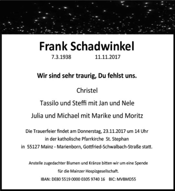 Traueranzeige von Frank Schadwinkel von Trauerportal Rhein Main Presse