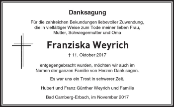 Traueranzeige von Franziska Weyrich von  Camberger Anzeiger