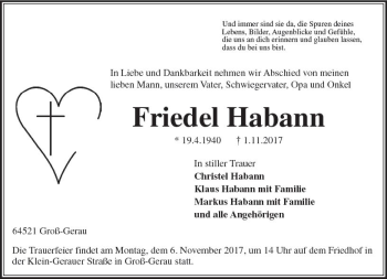 Traueranzeige von Friedel Habann von Trauerportal Echo Online