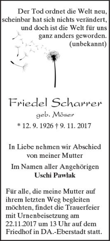 Traueranzeige von Friedel Scharrer von Trauerportal Echo Online