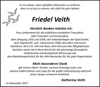 Traueranzeige von Friedel Veith von Trauerportal Rhein Main Presse