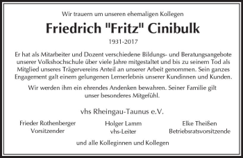 Traueranzeige von Friedrich Cinibulk von Trauerportal Rhein Main Presse