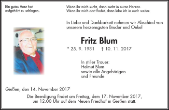 Traueranzeige von Fritz Blum von  Gießener Anzeiger