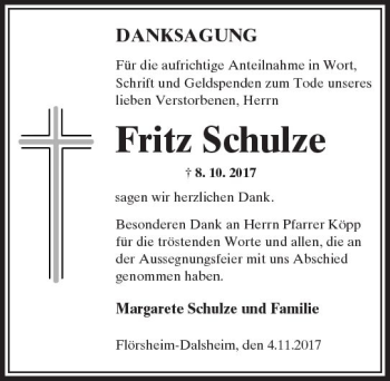 Traueranzeige von Fritz Schulze von Trauerportal Rhein Main Presse