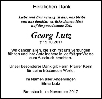 Traueranzeige von Georg Lutz von Trauerportal Echo Online