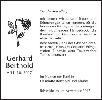 Traueranzeige von Gerhard Berthold von Trauerportal Rhein Main Presse