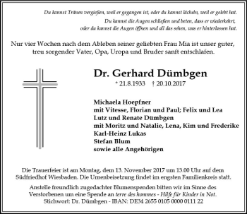 Traueranzeige von Gerhard Dümbgen von Trauerportal Rhein Main Presse