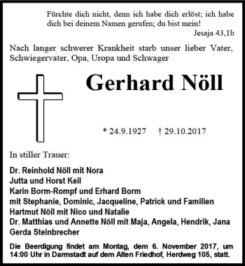 Traueranzeige von Gerhard Nöll von Trauerportal Echo Online