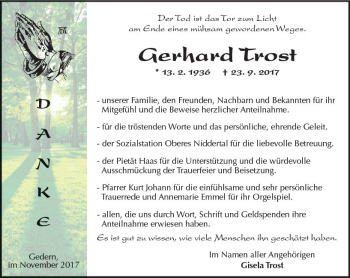 Traueranzeige von Gerhard Trost von  Kreisanzeiger
